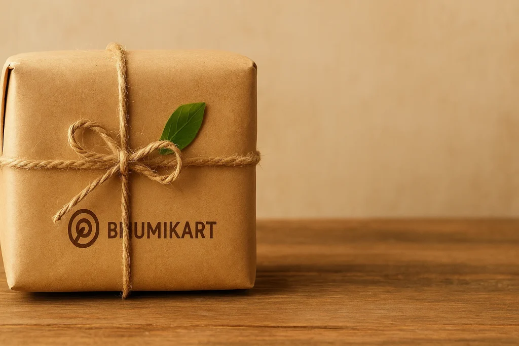 Eco-friendly Bhumikart package wrapped in kraft paper with jute rope and green leaf.