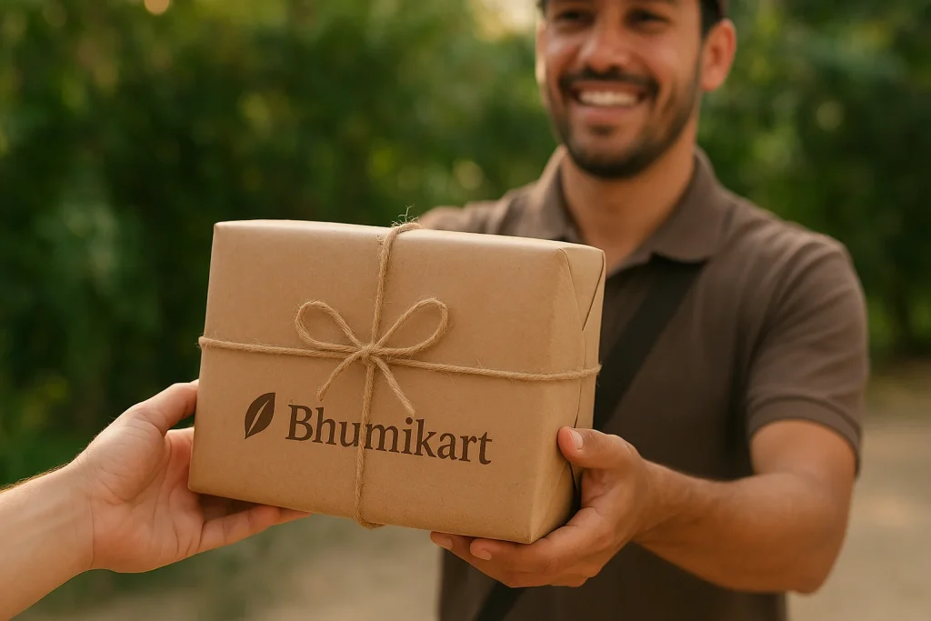 Smiling delivery person handing over an eco-friendly Bhumikart package wrapped in brown paper with natural jute twine.