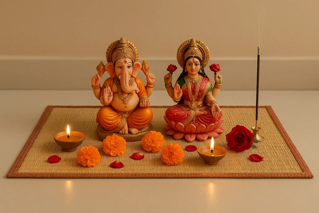 Clay idols placed on a natural darbha grass puja mat with diya