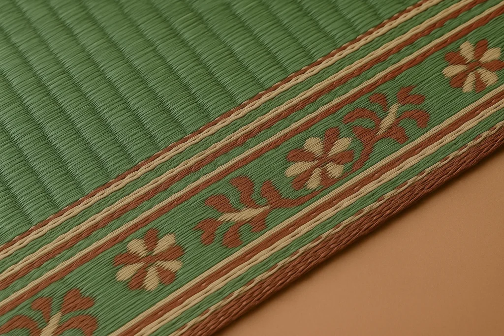 Traditional handwoven pattern on a puja mat with striped border