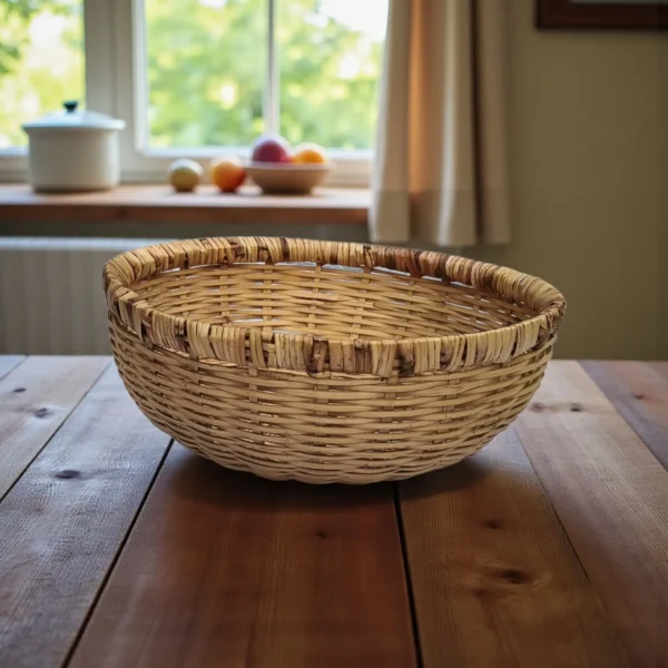 Handmade Bamboo Basket on Wooden Table – Eco-Friendly Round Storage Basket for Kitchen and Home