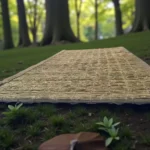 Handwoven natural Kusha grass mat placed outdoors in a peaceful forest setting – eco-friendly puja, meditation, and yoga mat made by rural artisans.