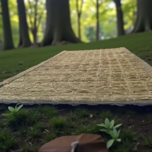 Handwoven natural Kusha grass mat placed outdoors in a peaceful forest setting – eco-friendly puja, meditation, and yoga mat made by rural artisans.