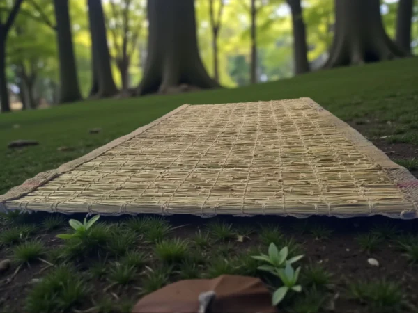 Handwoven natural Kusha grass mat placed outdoors in a peaceful forest setting – eco-friendly puja, meditation, and yoga mat made by rural artisans.