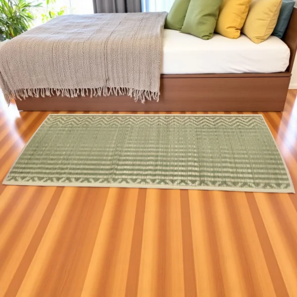Handwoven Madurkathi Reed Grass Mat beside bed – Eco-Friendly Natural Floor Mat for Bedroom