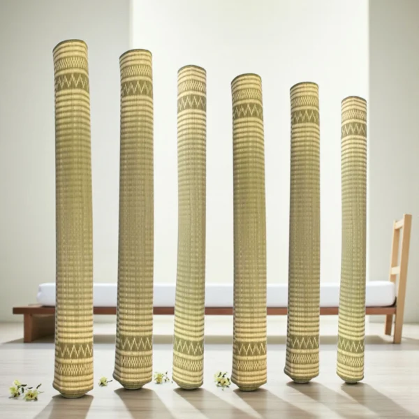 Rolled handmade reed grass (Madurkathi) mats standing upright in a minimal room – eco-friendly natural floor and yoga mats.