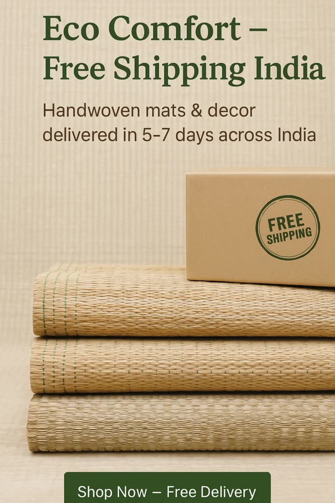 Stack of handwoven korai grass mats with a brown box labeled “Free Shipping” — eco-friendly home decor delivery in India.