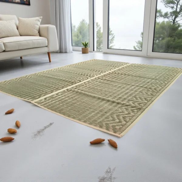 Large Handwoven Madurkathi Reed Grass Mat with Check and Zigzag Border – Eco-Friendly Floor Mat