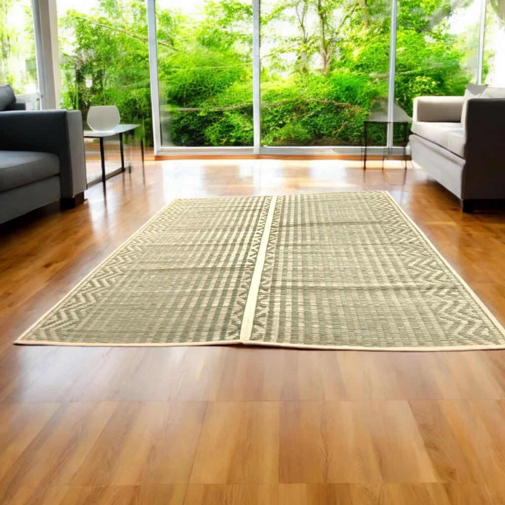 Handwoven Madurkathi natural grass floor mat in a living room – eco-friendly 6x7ft mat by Bhumikart