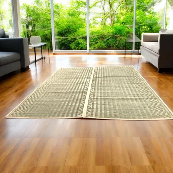Handwoven Madurkathi natural grass floor mat in a living room – eco-friendly 6x7ft mat by Bhumikart
