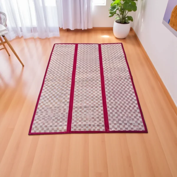 Handwoven Korai Grass Floor Mat with Red Border – Eco-Friendly Reed Mat for Home or Meditation