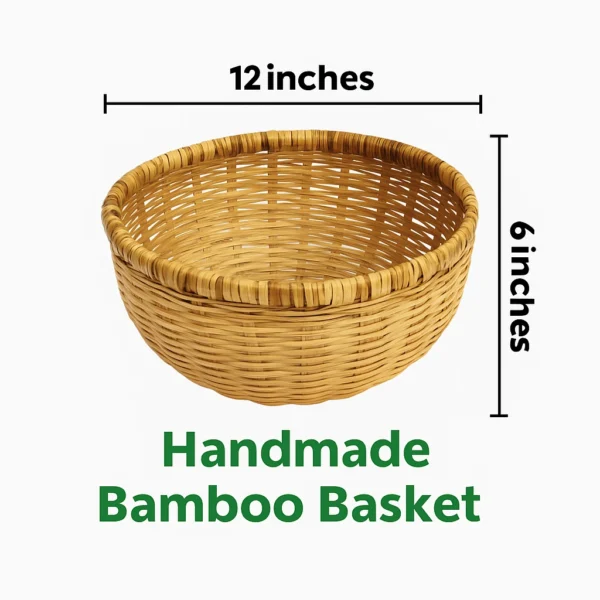Handmade Bamboo Basket 12x6 inches – Natural Round Storage Basket with Measuring Scale