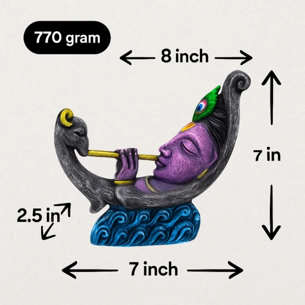 Colorful handcrafted clay Krishna idol playing flute while resting on a crescent moon, showing size dimensions (7x8x2.5 inches) and weight 770 grams on a beige background.