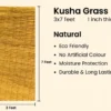 Informative image of a natural Kusha grass mat showing its 3x7 ft size, 1-inch thickness, and eco-friendly features such as no artificial color, moisture protection, and durability.