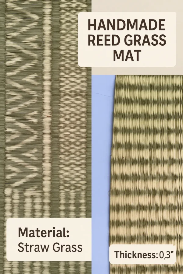 Handmade reed grass mat infographic showing close-up weave patterns, natural straw grass material, and 0.3-inch thickness details.