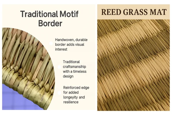 Close-up of reed grass mat with traditional motif border showing handwoven craftsmanship and reinforced edging