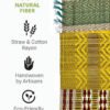 handwoven natural fiber table mats made from straw and cotton rayon, featuring green, yellow, and red woven patterns with icons highlighting eco-friendly, durable, and artisan-made qualities