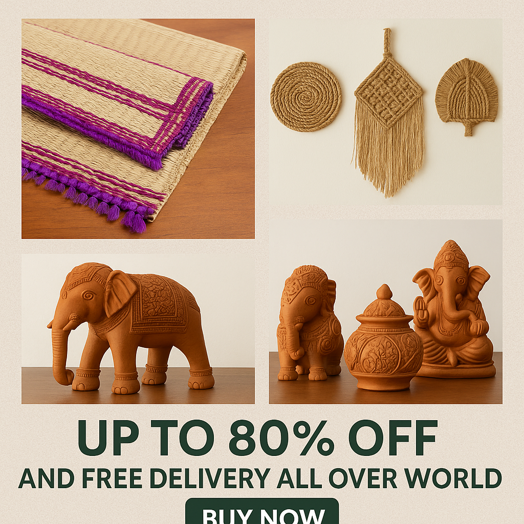 Natural handmade home decor products including grass mats, clay elephant statues, terracotta figures, and wall hangings with a discount offer.