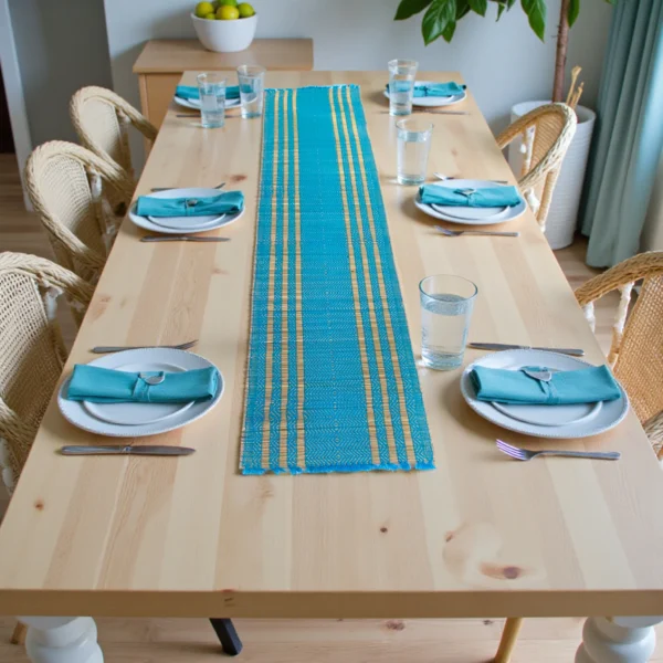 Handwoven blue and natural-striped table runner placed on a wooden dining table set with plates, napkins, and glasses in a bright modern dining room.