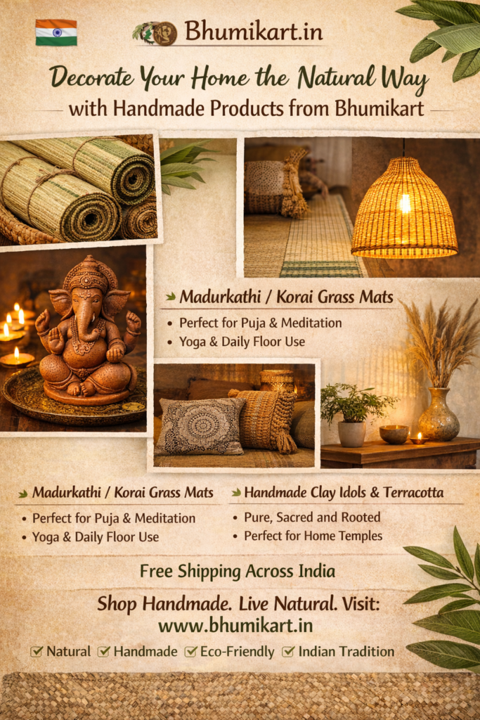 Handmade natural home decor from India featuring madurkathi korai grass mats, bamboo lighting, and terracotta clay idols for puja, meditation, and eco-friendly living.