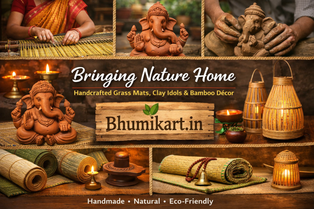 Handmade korai grass mats, terracotta Ganesha idol, and bamboo décor crafted by Indian artisans for eco-friendly homes.