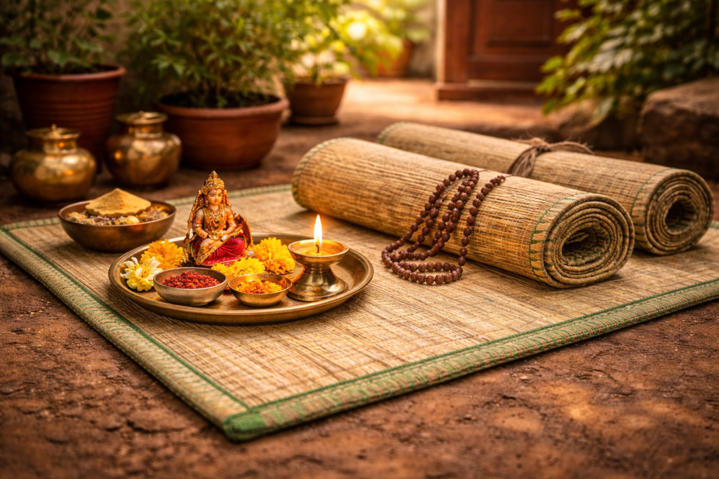 Handwoven natural madurkathi grass mat used for puja with Lakshmi idol, diya, and traditional puja items in an Indian home.