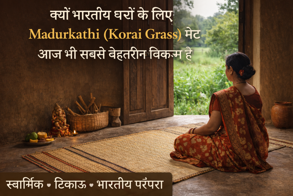 Madurkathi (Korai Grass) मैट पर बैठी भारतीय महिला, खुले आंगन वाले घर में प्राकृतिक रोशनी के बीच शांत वातावरण में पूजा करती हुई।