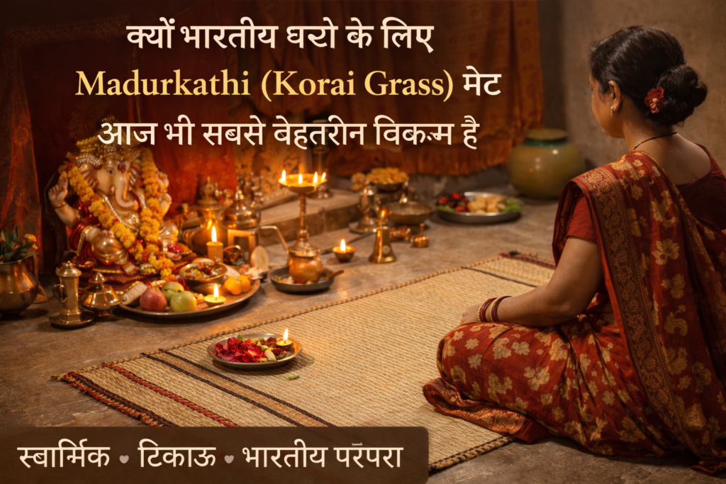 पूजा के दौरान Madurkathi (Korai Grass) मैट पर बैठी भारतीय महिला, भगवान गणेश की आराधना करती हुई, प्राकृतिक और पारंपरिक भारतीय पूजा दृश्य।