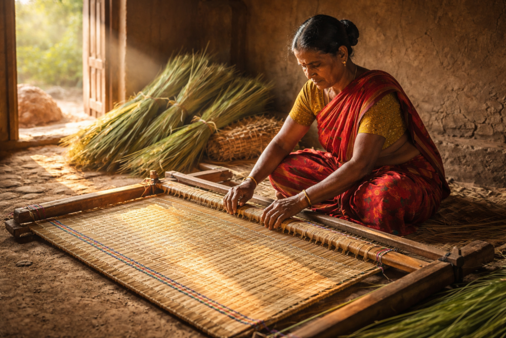 Rural artisan from West Bengal hand-weaving a Madurkathi (korai grass) mat on a traditional wooden loom inside a sunlit village hut.