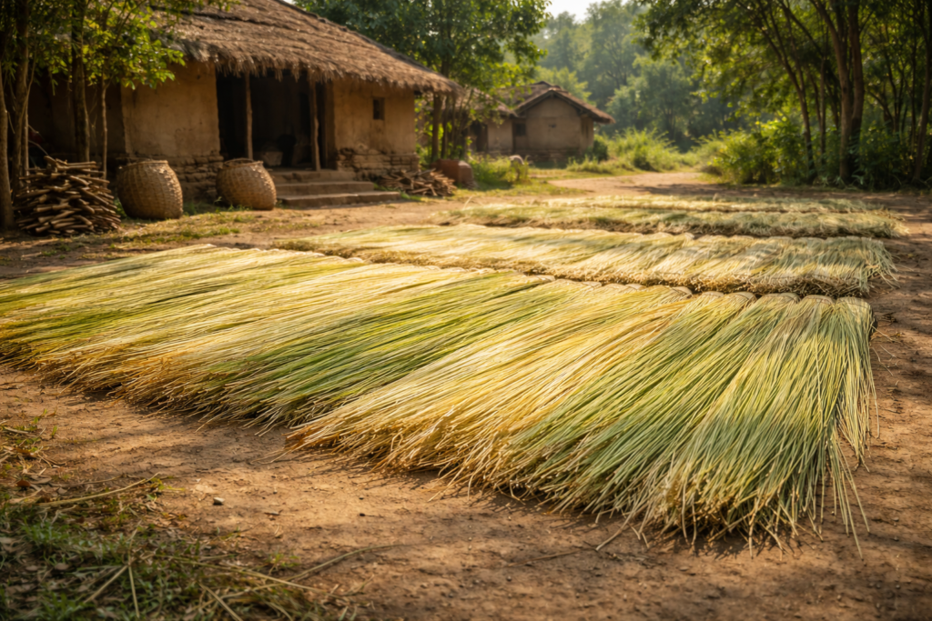 Freshly harvested Madurkathi (korai grass) laid out for sun drying in a rural West Bengal village.