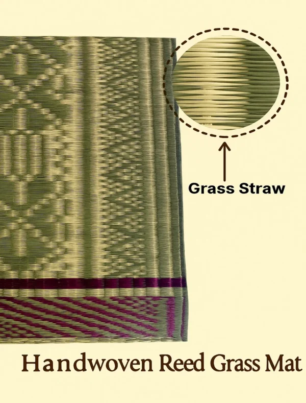 Close-up of handwoven Madurkathi reed grass mat highlighting natural grass straw material and traditional weaving texture