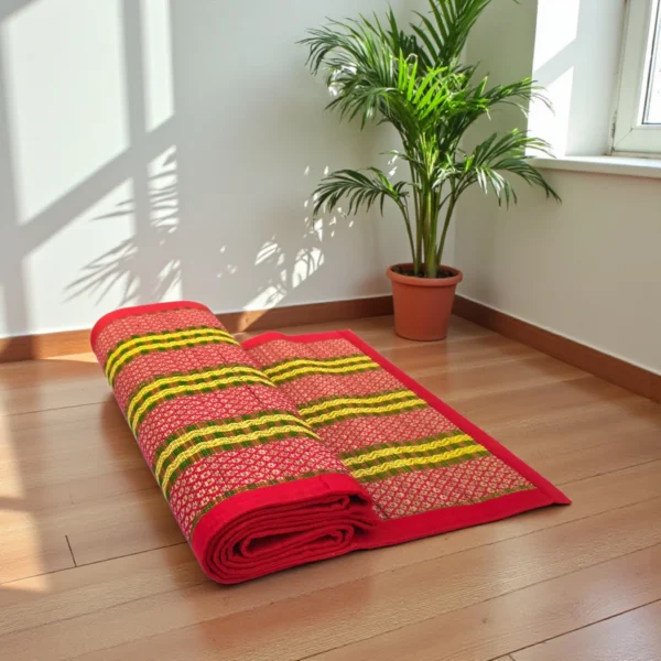 Handwoven Korai Grass Meditation Mat with Red Border and Traditional Pattern – Eco-Friendly Handmade Mat by Bhumikart