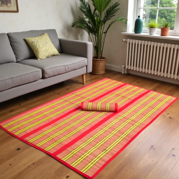 Large Handwoven Korai Grass Floor Mat with Traditional Red and Green Pattern – Natural Eco-Friendly Mat by Bhumikart