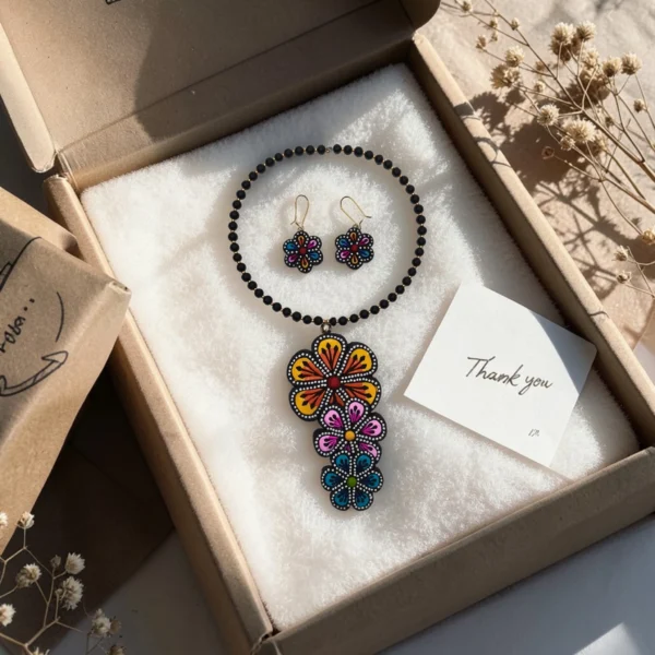 handmade colorful terracotta jewelry set with floral necklace and earrings in gift box packaging with thank you card