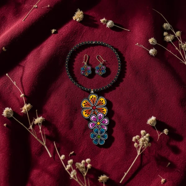 handmade colorful terracotta floral necklace and earrings set on red fabric background with dried flowers aesthetic