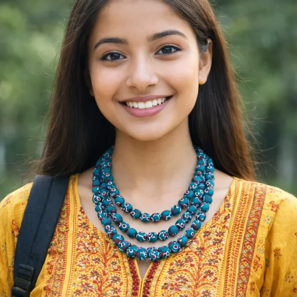 Indian woman wearing teal floral fabric bead multi-layer necklace with traditional yellow kurta
