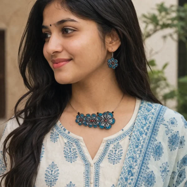 indian woman wearing handmade blue floral terracotta necklace and earrings set with traditional kurta close up