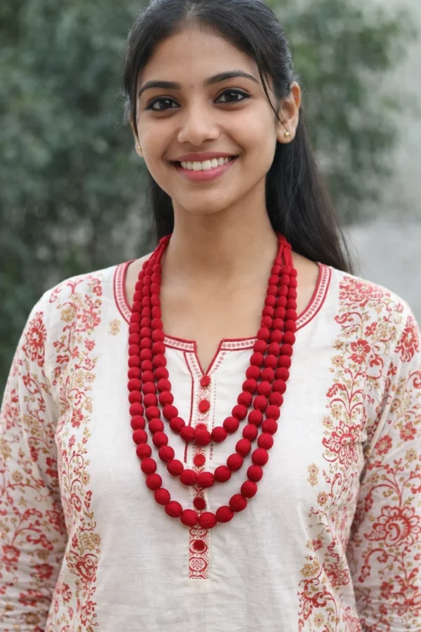 Indian woman wearing handmade red fabric bead multi-layer necklace with traditional kurta outfit