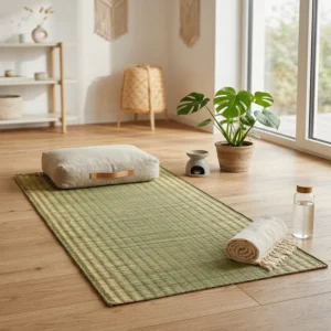 Handmade eco-friendly natural reed grass yoga and meditation mat placed on a wooden floor with a meditation cushion, towel, water bottle, and indoor plants in a bright, minimalist home.