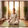 Woman practicing meditation on a handmade natural reed grass yoga mat in a bright, peaceful room with indoor plants, showcasing an eco-friendly Korai grass meditation mat.