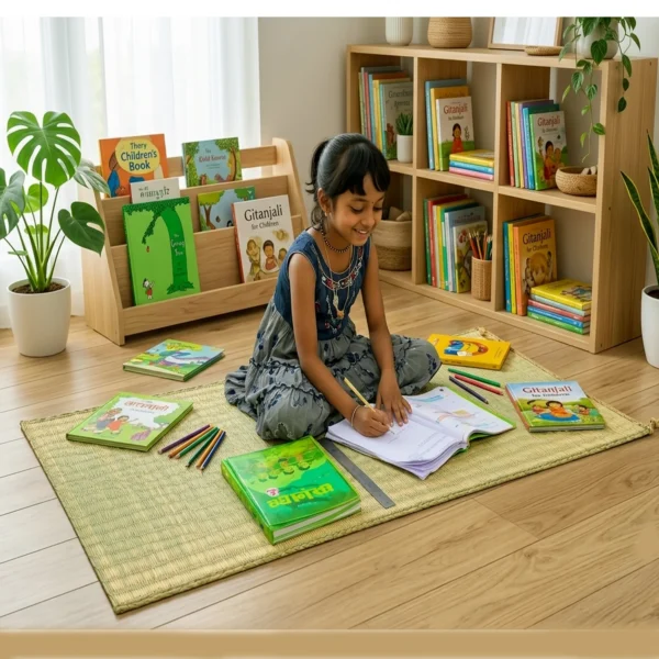 Young child studying on a handmade natural reed grass mat in a bright home library with books, notebooks, colored pencils, and wooden bookshelves, showcasing an eco-friendly Korai grass floor mat.