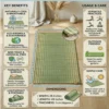 Infographic showing the features, dimensions, thickness, care instructions, and benefits of a handmade natural reed grass yoga and meditation mat, including breathable, eco-friendly, lightweight, and portable design.