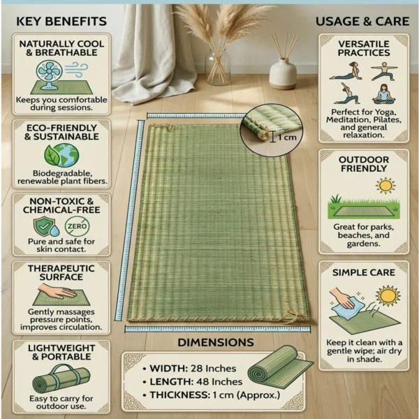 Infographic showing the features, dimensions, thickness, care instructions, and benefits of a handmade natural reed grass yoga and meditation mat, including breathable, eco-friendly, lightweight, and portable design.
