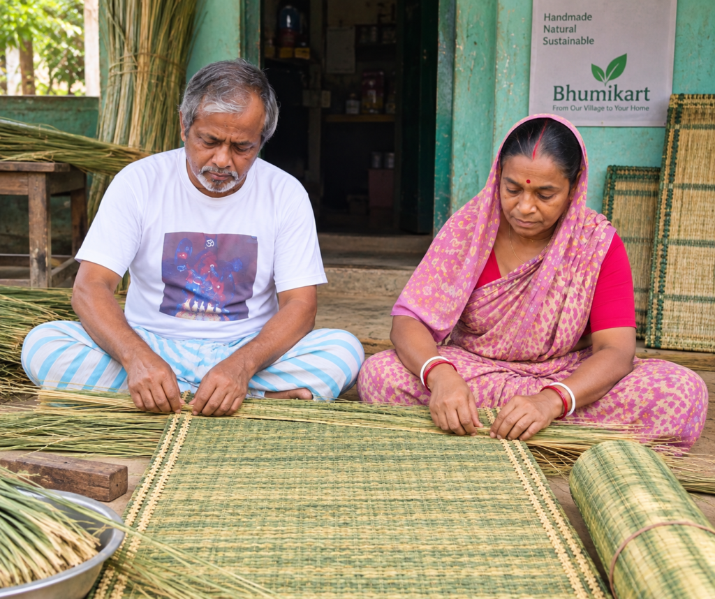রাজপুর–আরগোড়ার কারিগর মণীন্দ্র বেরা ও কৌশল্যা বেরা বসে হাতে প্রাকৃতিক মাদুর বুনছেন