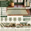 “Bhumikart infographic featuring a handmade natural grass mat with green and cream stripes, natural woven texture, hand-finished edges, available sizes from 3 to 5 feet wide and 7 feet long, custom sizes up to 5 feet wide and 12 feet long, with uses for bed, yoga, meditation, floor and home décor.”