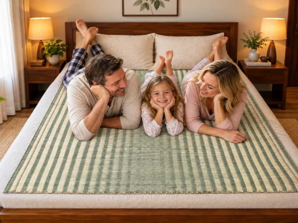 “Handmade natural grass mat with a green and cream striped woven design spread across a wooden bed, with a smiling family of three relaxing together in a warm and cozy bedroom.”