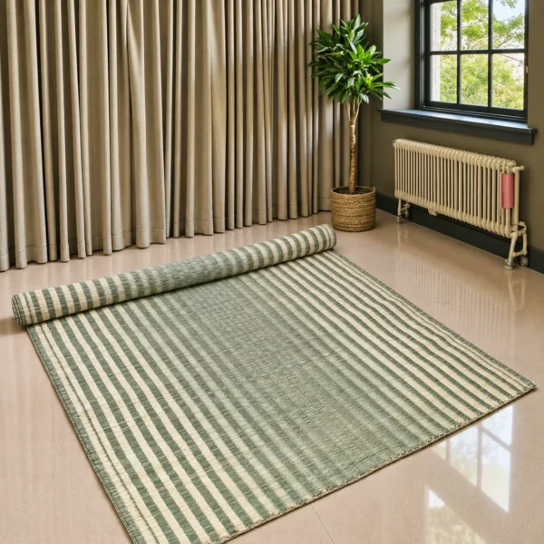 “Handmade natural grass mat with green and cream stripes, fully spread on a polished floor with one end rolled up. The large woven mat has a natural textured surface and hand-finished edges in a bright modern room with curtains, an indoor plant and a window.”